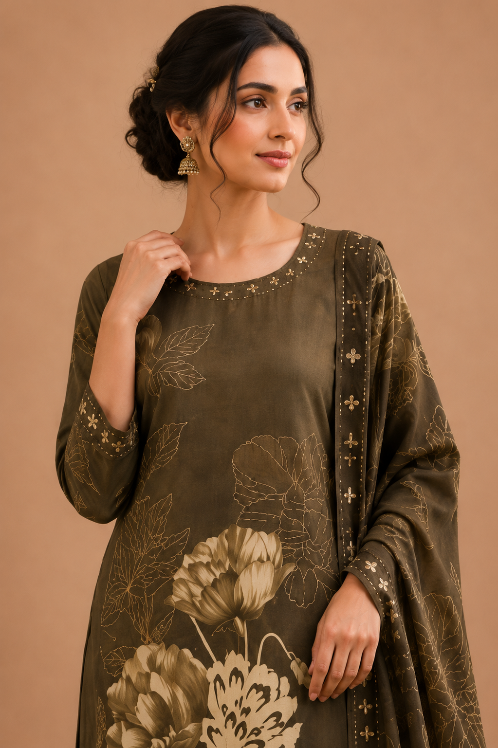 Olive Floral Printed Kurta Pant & Dupatta Set