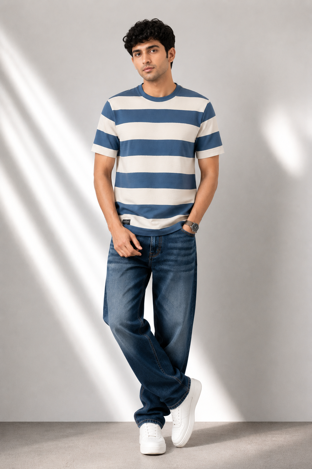 Men's Brown & Off-White Striped Casual T-Shirt