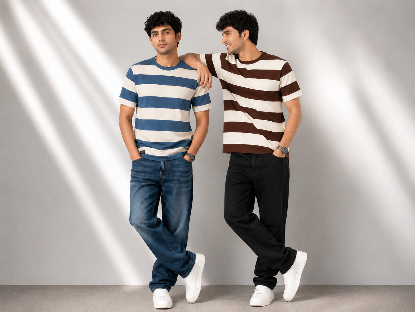 Men's Brown & Off-White Striped Casual T-Shirt