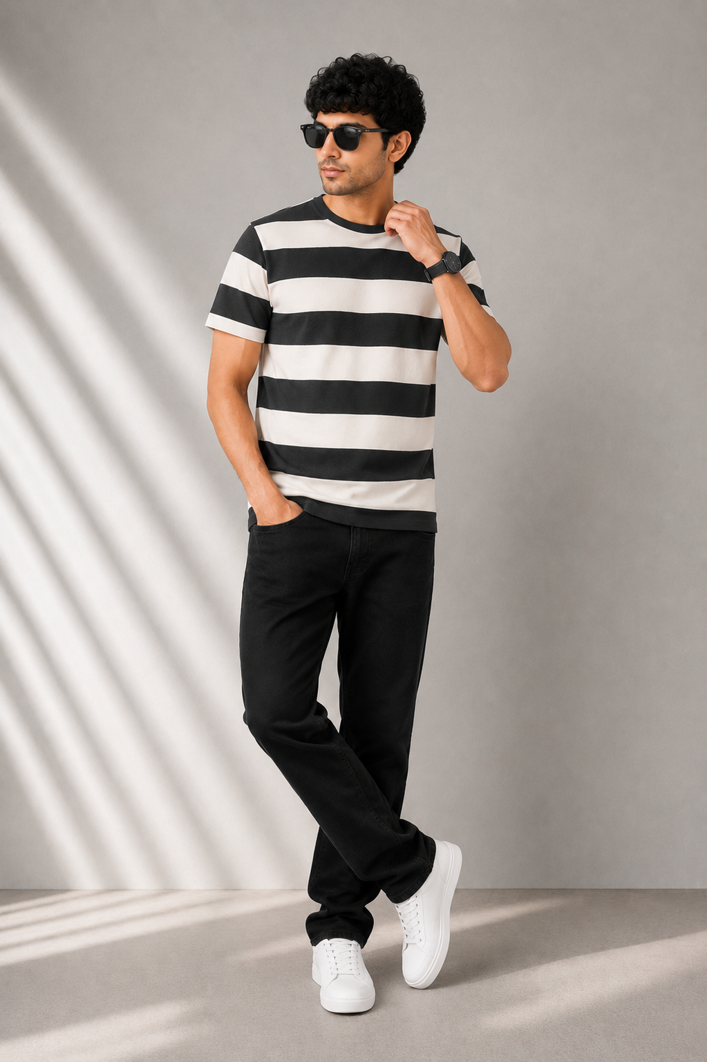 Men's Olive Green & Off-White Striped Round Neck T-Shirt