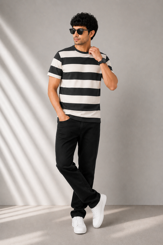 Men's Olive Green & Off-White Striped Round Neck T-Shirt