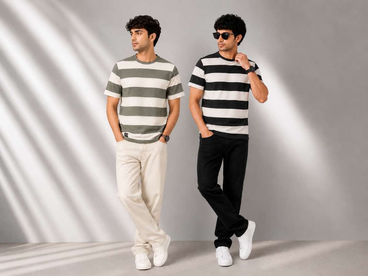 Men's Olive Green & Off-White Striped Round Neck T-Shirt