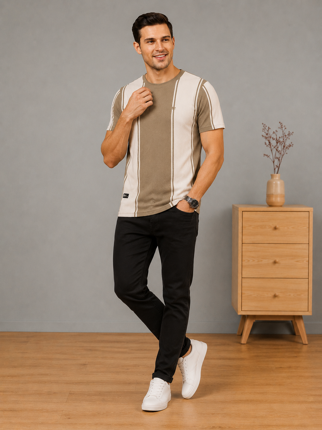 Cosmostelar Men's Teal & White Vertical Stripe Textured T-Shirt
