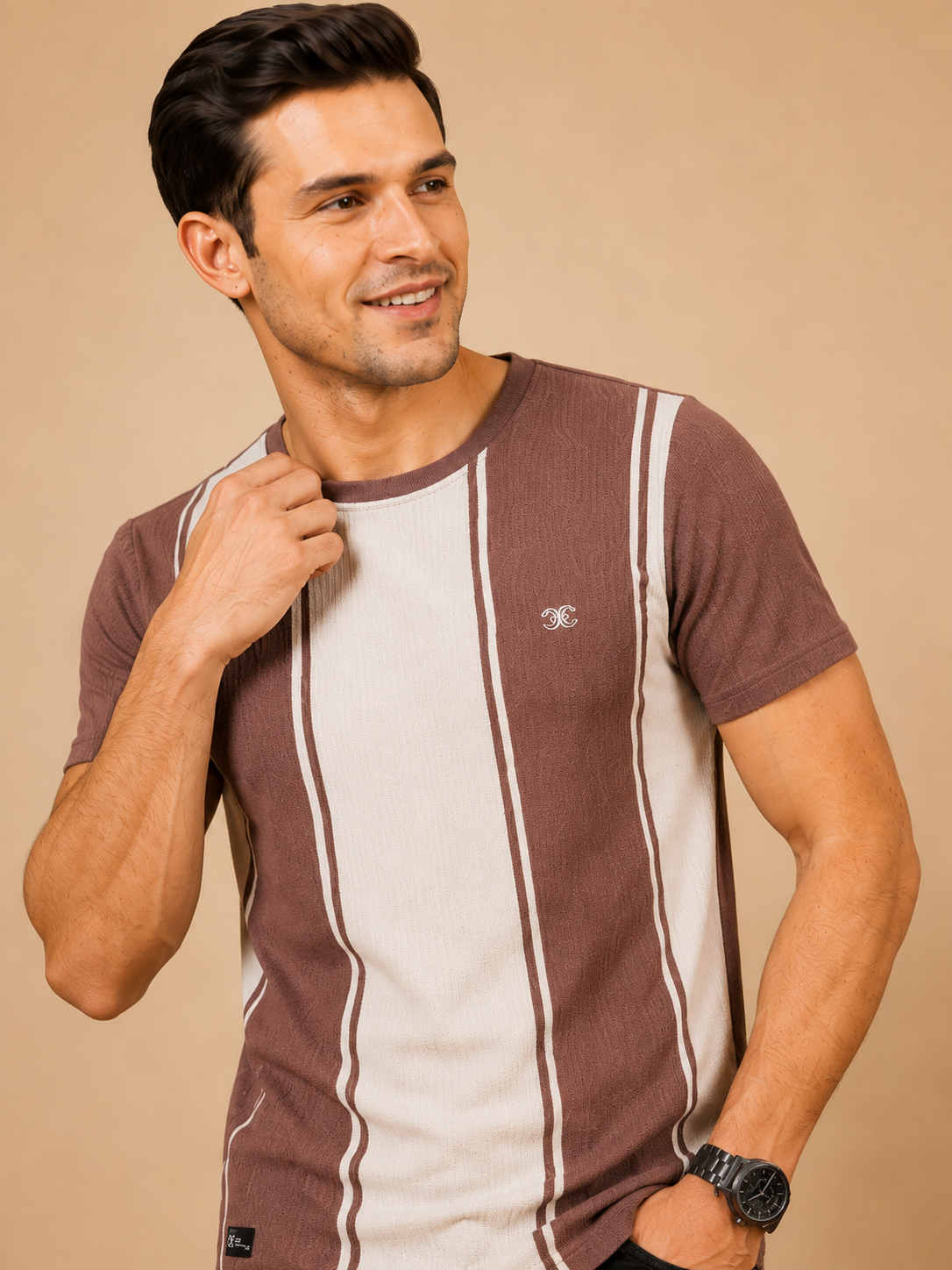 Men's Dusty Rose & Off-White Vertical Stripe Premium T-Shirt