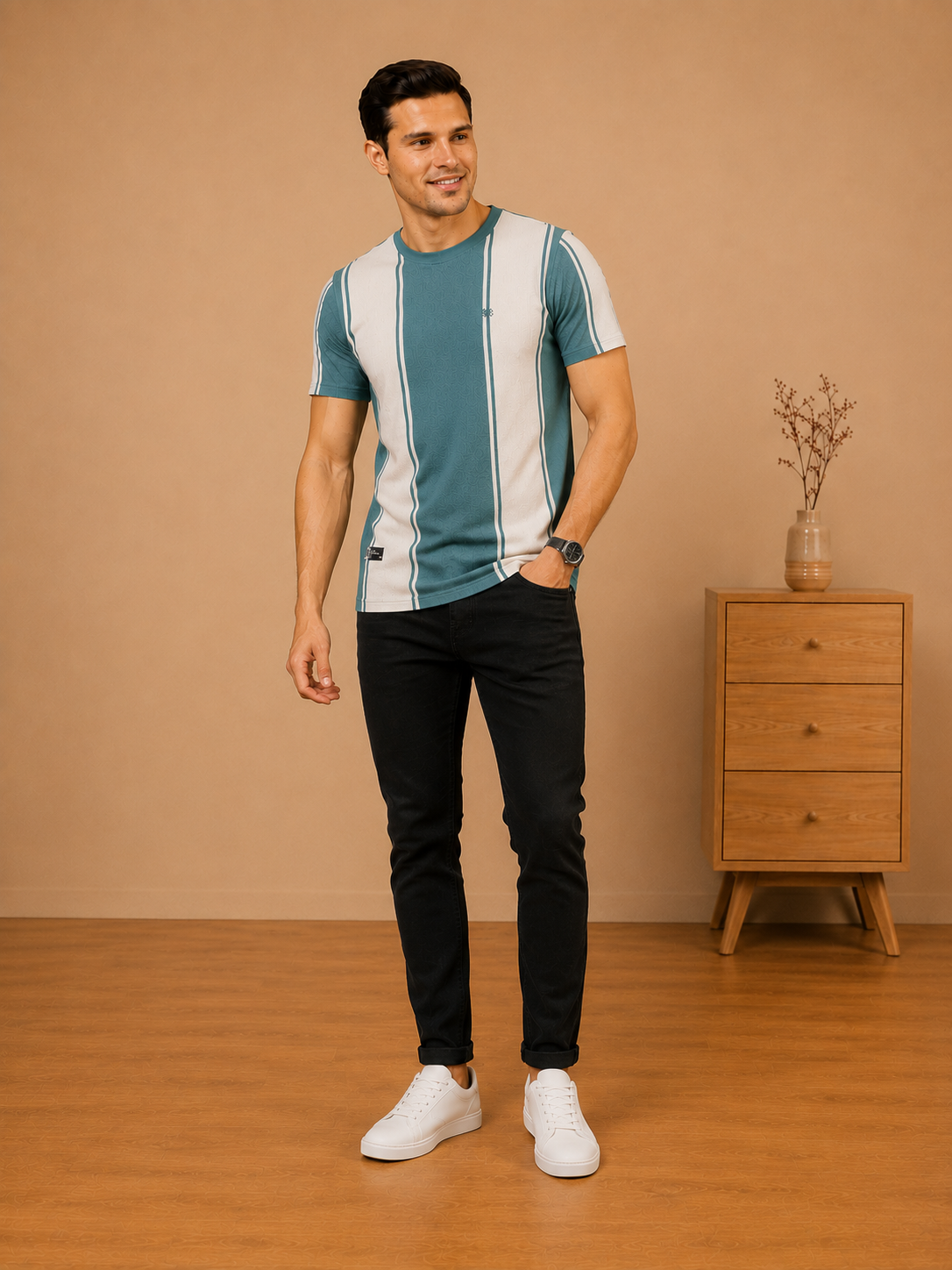 Cosmostelar Men's Teal & White Vertical Stripe Textured T-Shirt