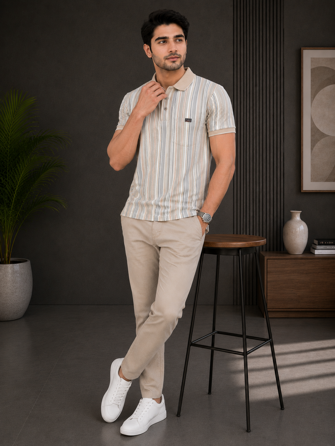 Men's olive green Vertical Stripe Polo T-Shirt