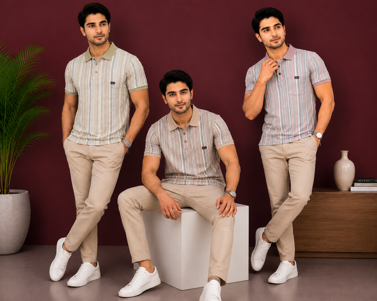 Men's olive green Vertical Stripe Polo T-Shirt