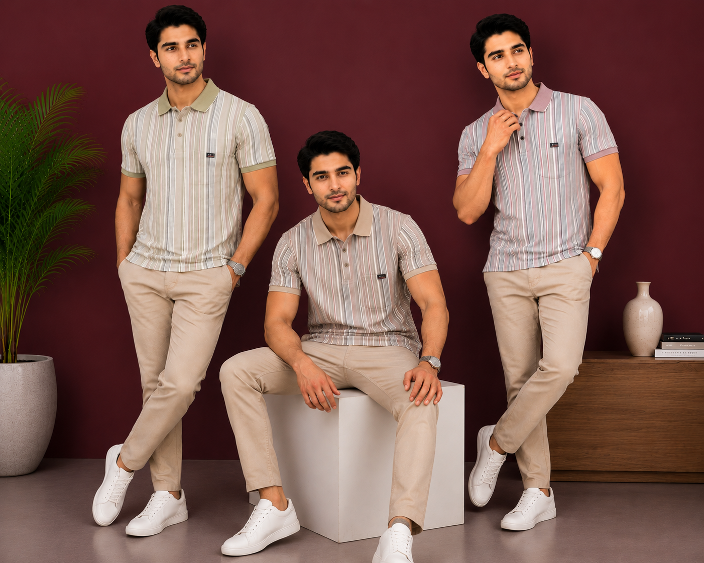 Men's olive green Vertical Stripe Polo T-Shirt