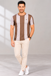 en's Grey Vertical Stripe Round Neck T-Shirt