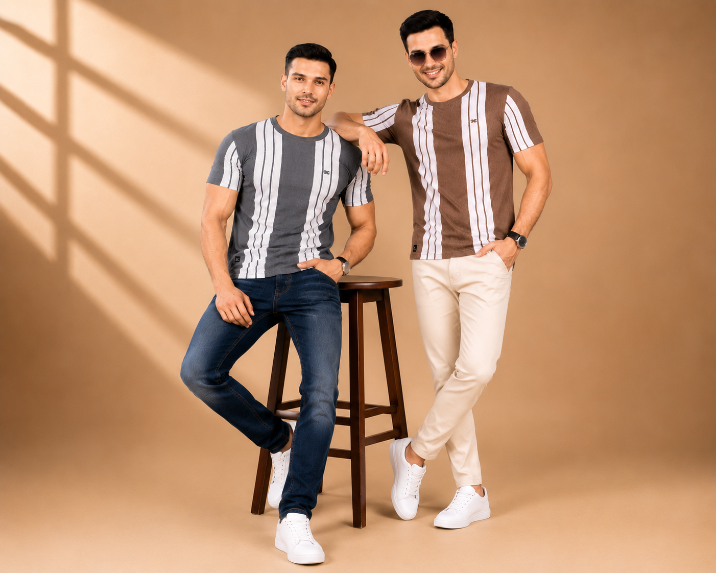 en's Grey Vertical Stripe Round Neck T-Shirt