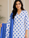 Blue Bloom Printed Kurti Pant & Dupatta Set for Women