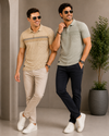 Men's Camel Beige Geometric Printed Polo T-Shirt