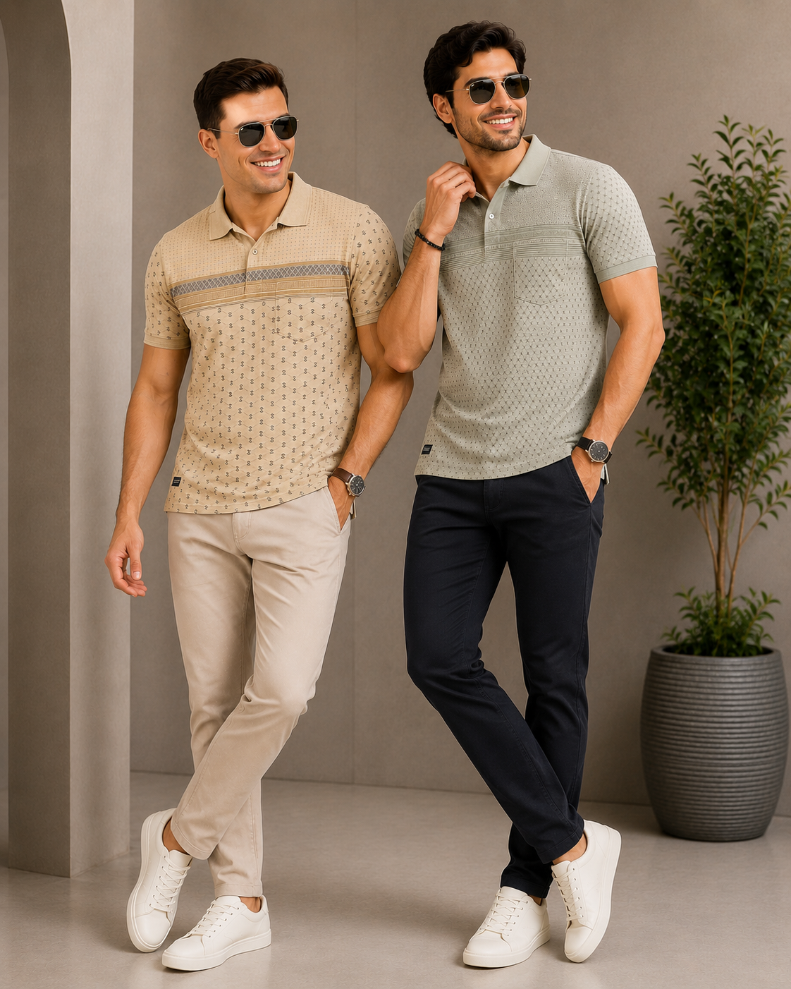 Men's Camel Beige Geometric Printed Polo T-Shirt
