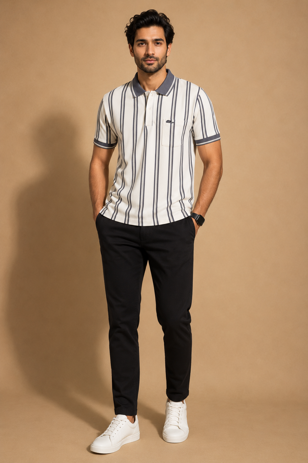 Men's Cream & Olive Vertical Stripe Polo T-Shirt |