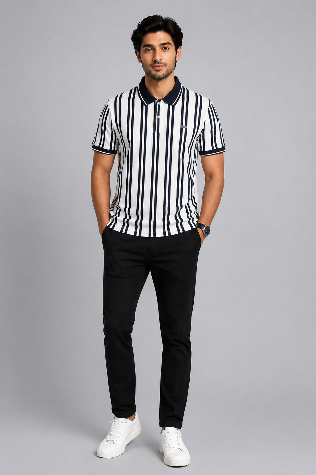 Men's Cream & Olive Vertical Stripe Polo T-Shirt |