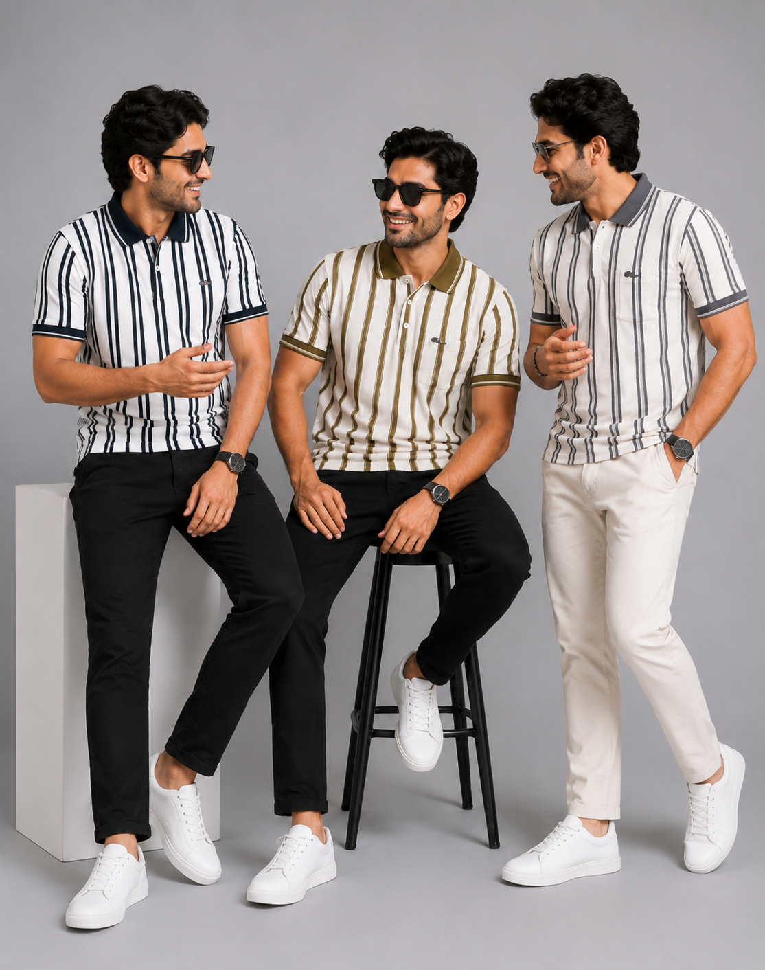 Men's Cream & Olive Vertical Stripe Polo T-Shirt |