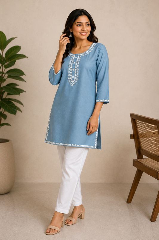 Women's Navy Blue Embroidered Cotton Blend Tunic Top