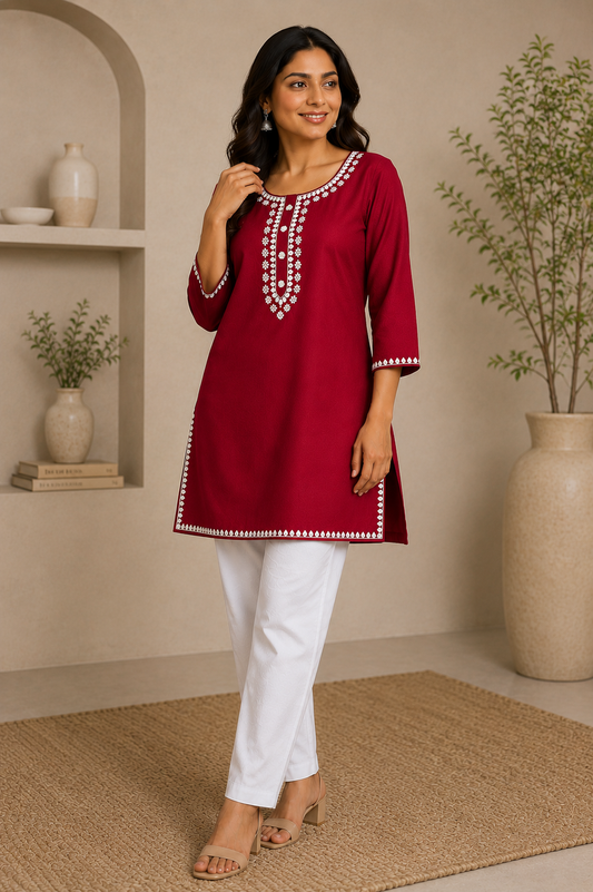 Women's Grey Embroidered Straight Tunic Top