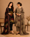 Elegant Taupe Floral Printed Kurta Pant & Dupatta Set for Women