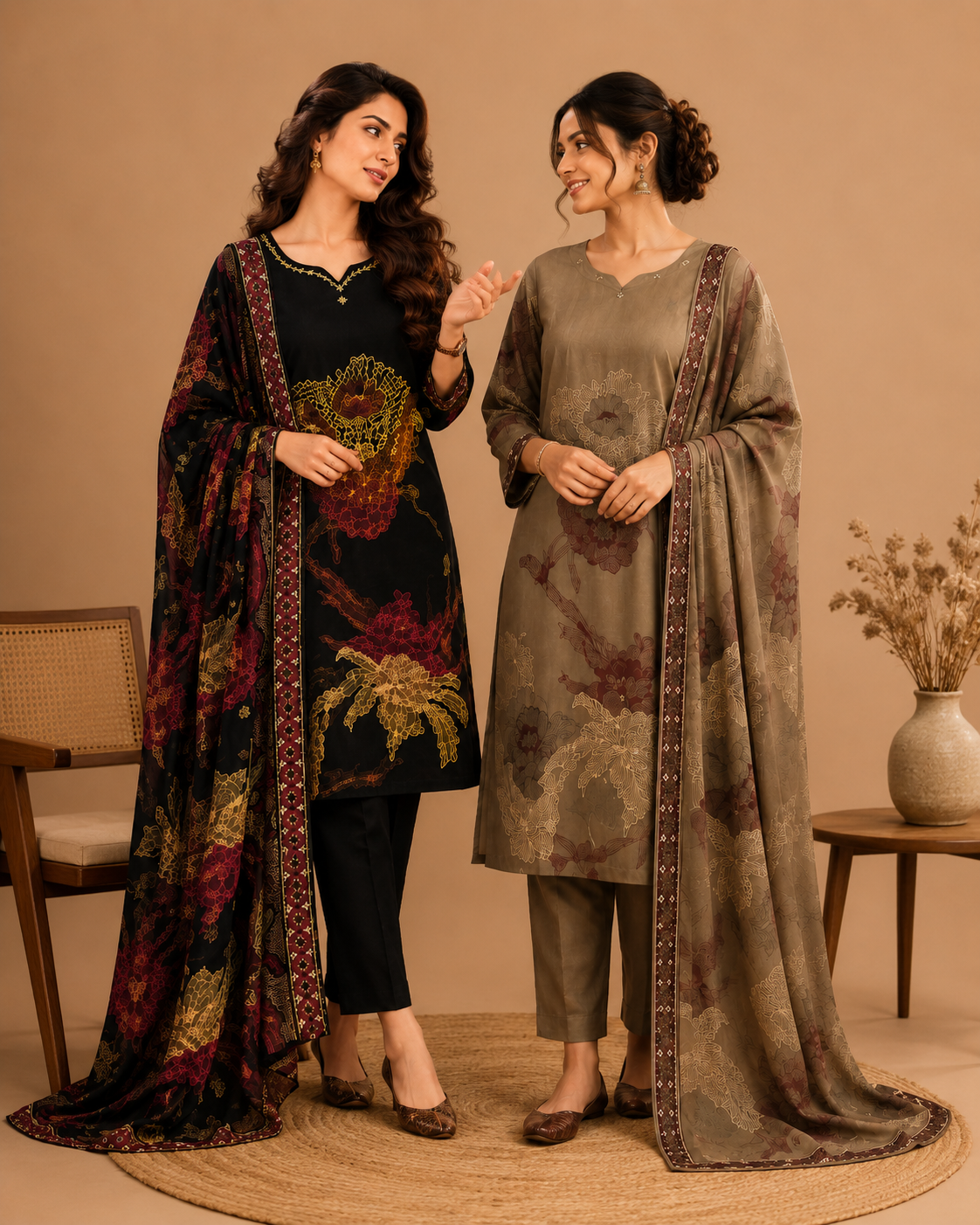 Elegant Taupe Floral Printed Kurta Pant & Dupatta Set for Women