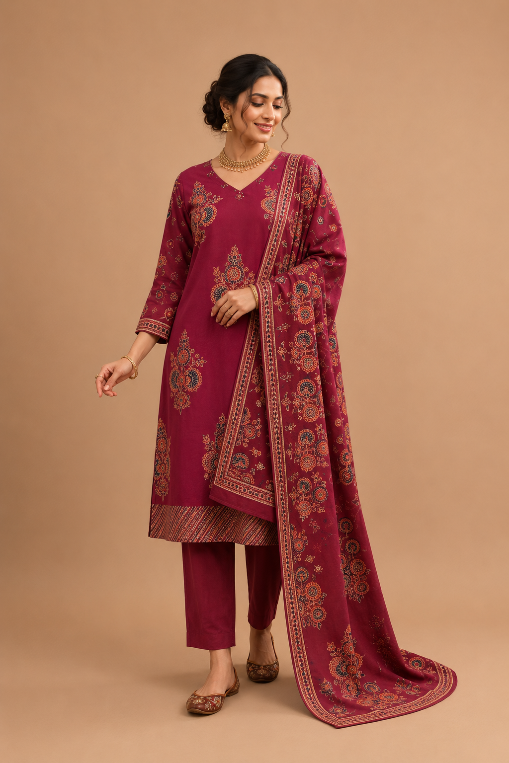 Elegant Olive Green Floral Printed Kurta Pant & Dupatta Set for Women