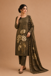 Olive Floral Printed Kurta Pant & Dupatta Set