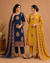 Royal Blue Ethnic Printed Kurti Pant & Dupatta Set