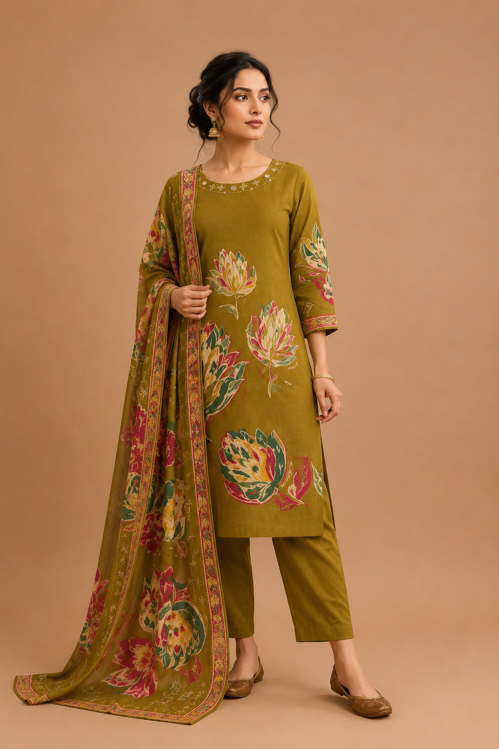 Pink Floral Printed Cotton Kurti Pant & Dupatta Set