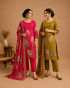 Pink Floral Printed Cotton Kurti Pant & Dupatta Set