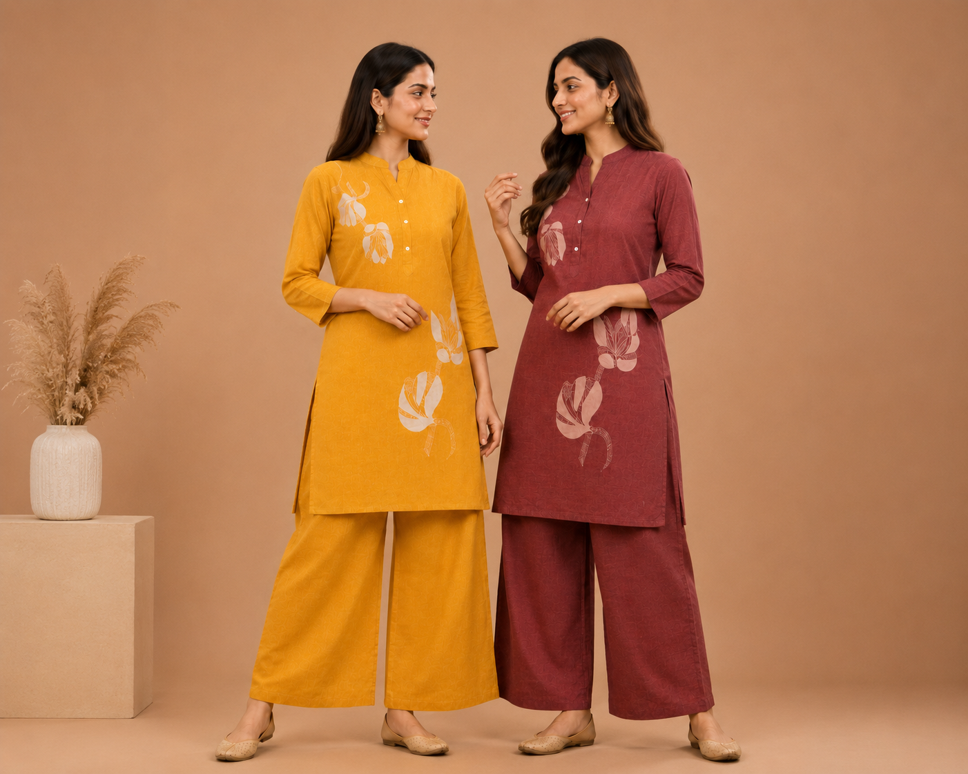 Maroon Floral Printed Cotton Blend Co-Ord Set for Women