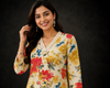 Women's Cream Floral Printed Straight Kurti with Embellished V-Neck