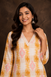 Women's Mustard Yellow & Off-White Printed Straight Kurti with Embroidered V-Neck