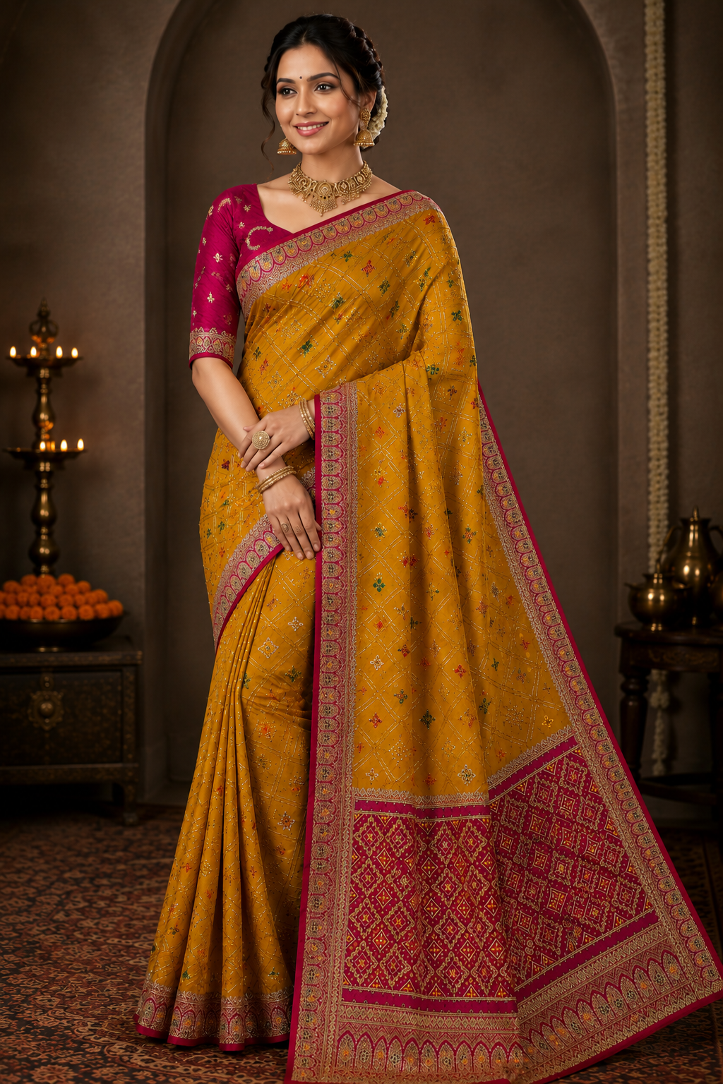 Rani Pink Silk Blend Saree with Designer Zari Border & Rich Woven Pallu