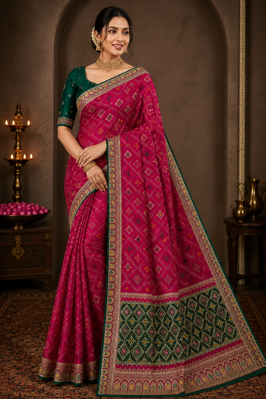 Emerald Green Designer Silk Saree with Pink Contrast Pallu & Zari Border