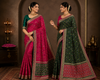 Emerald Green Designer Silk Saree with Pink Contrast Pallu & Zari Border