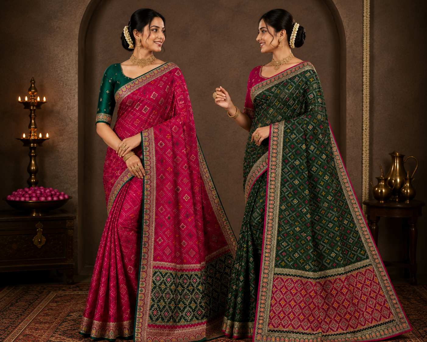 Emerald Green Designer Silk Saree with Pink Contrast Pallu & Zari Border