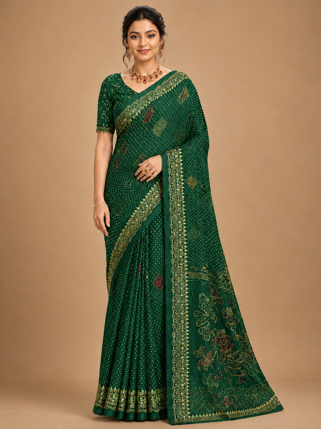 Royal Bandhani Wine Colour Saree with Designer Embroidered Pallu
