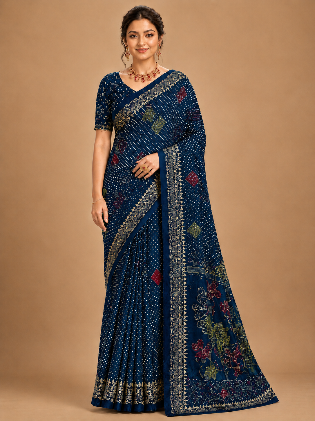 Olive Green Royal Bandhani Saree with Designer Pallu
