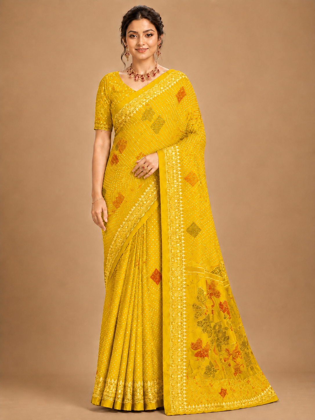 Maroon Bandhani Printed Saree with Elegant Border Design  Description:
