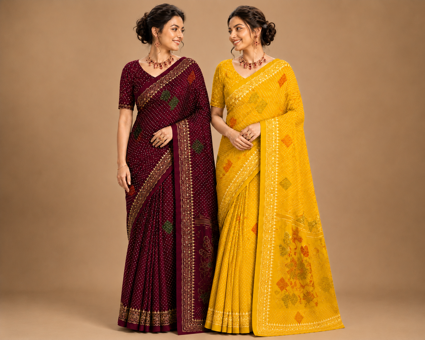Maroon Bandhani Printed Saree with Elegant Border Design  Description: