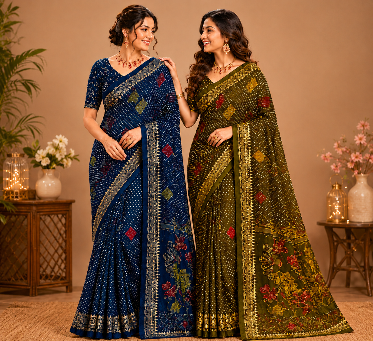 Olive Green Royal Bandhani Saree with Designer Pallu