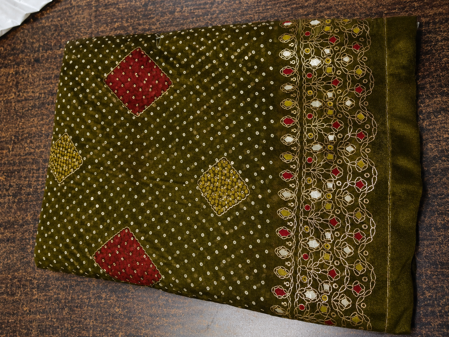Olive Green Royal Bandhani Saree with Designer Pallu