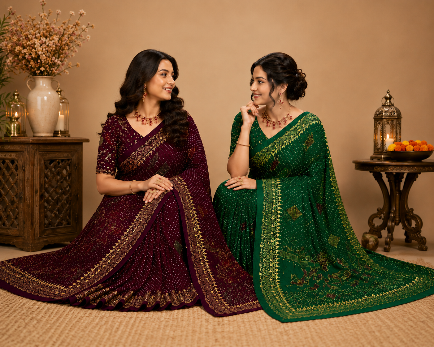 Royal Bandhani Wine Colour Saree with Designer Embroidered Pallu