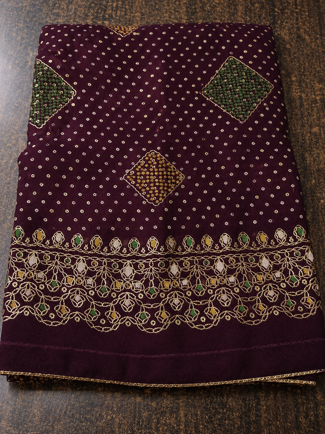 Royal Bandhani Wine Colour Saree with Designer Embroidered Pallu