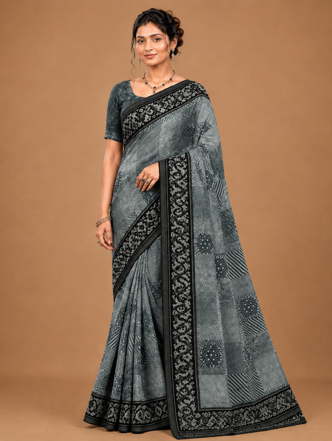 Dusty Rose Printed Saree with Deep Wine Border