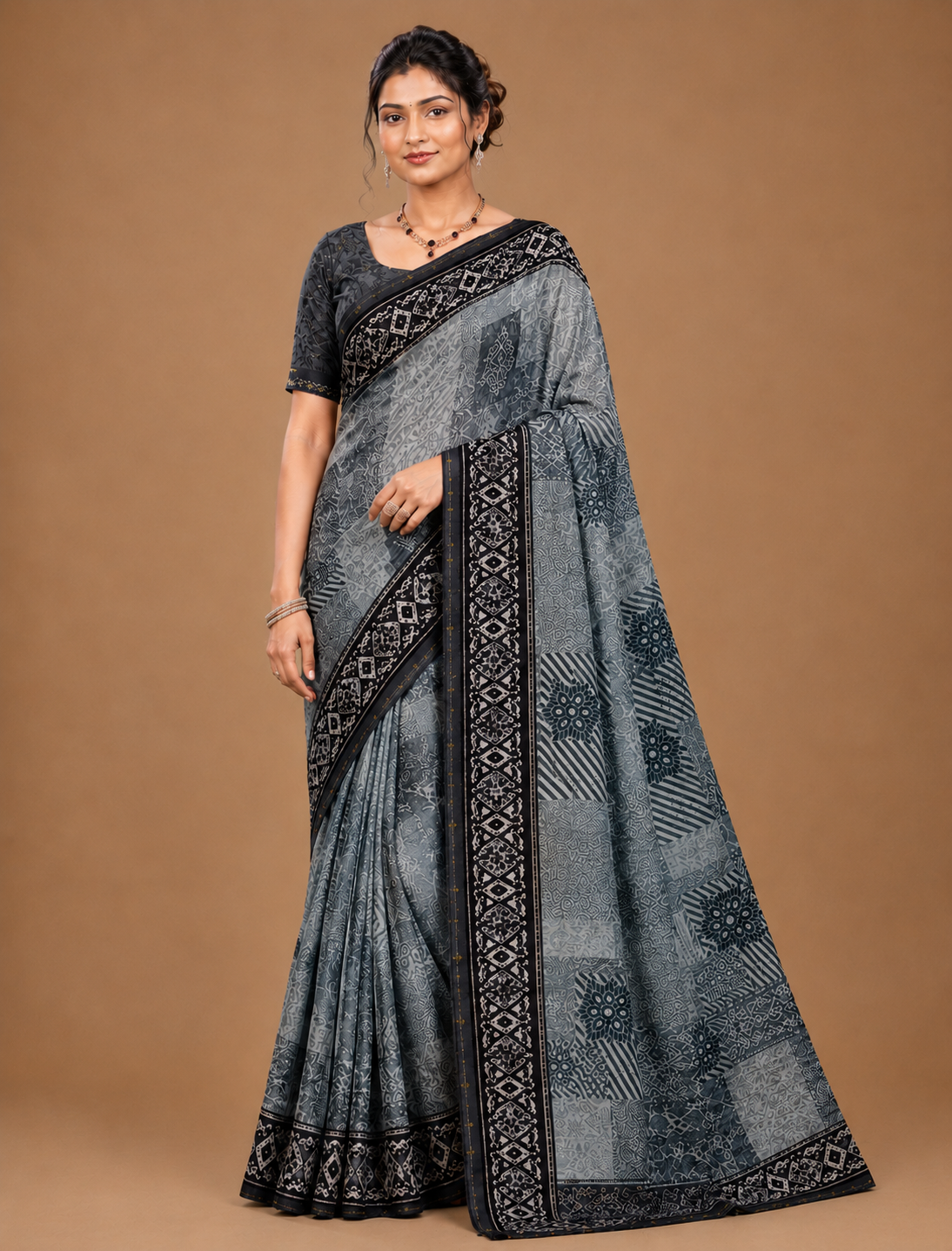 Elegant Olive Green Printed Saree with Dark Designer Border