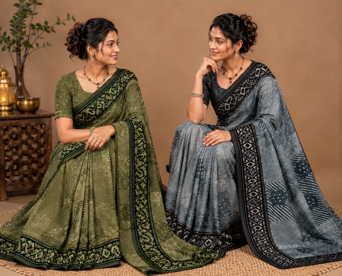 Elegant Olive Green Printed Saree with Dark Designer Border