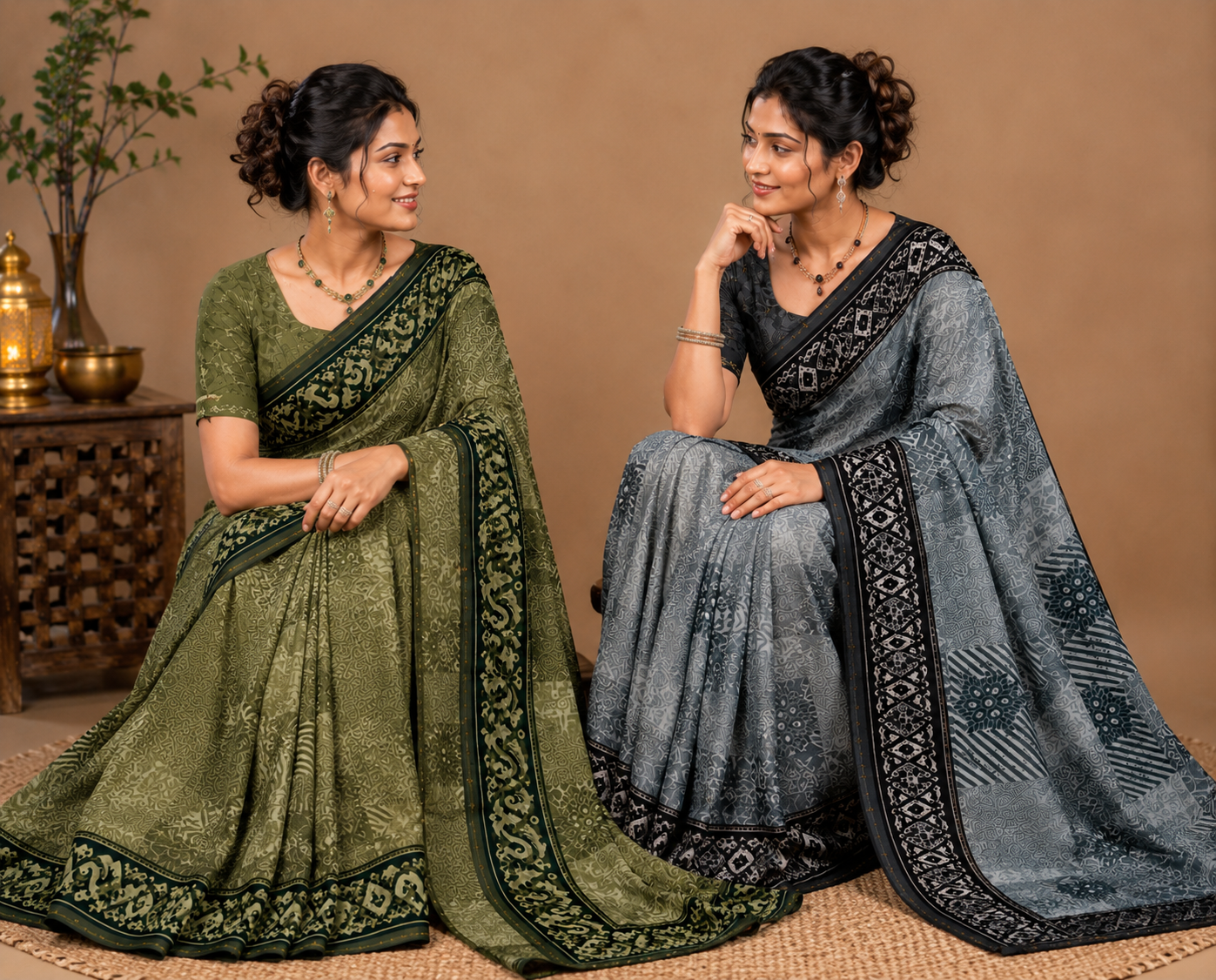 Elegant Olive Green Printed Saree with Dark Designer Border