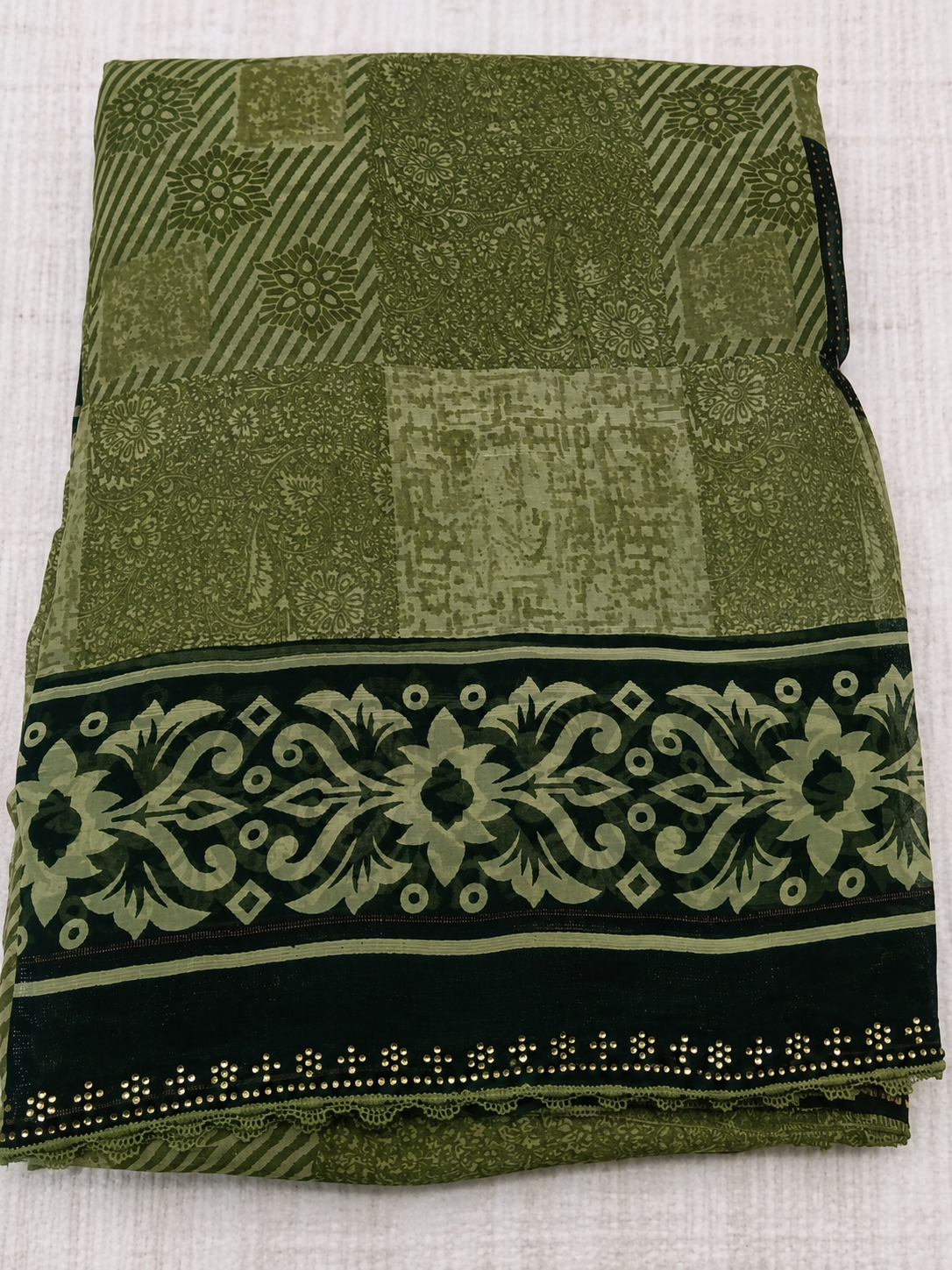 Elegant Olive Green Printed Saree with Dark Designer Border