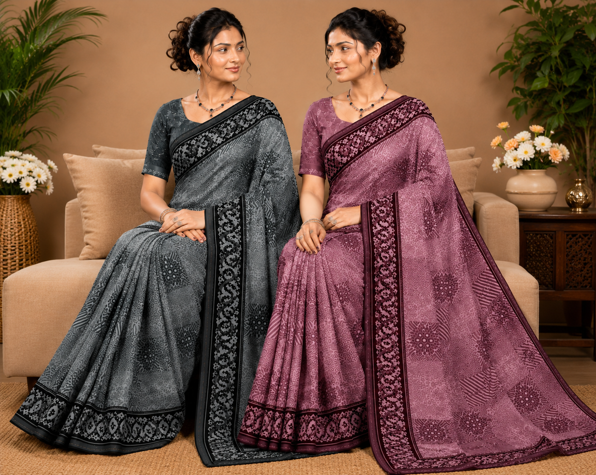 Dusty Rose Printed Saree with Deep Wine Border